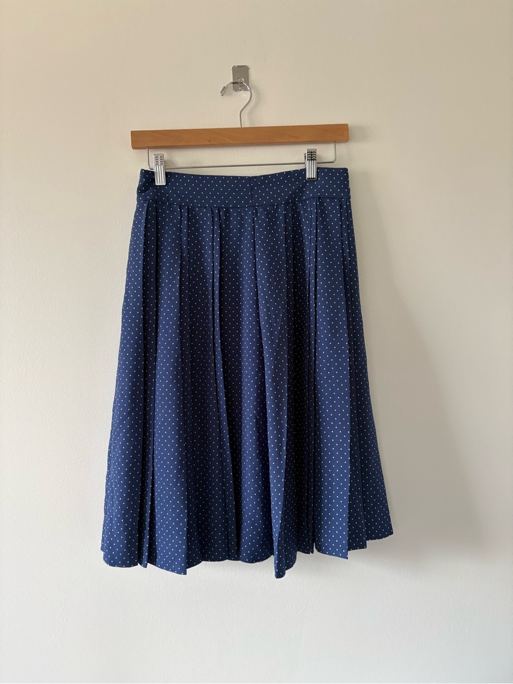 J Crew Navy Polka Dot Pleated A-Line Knee Length Skirt
